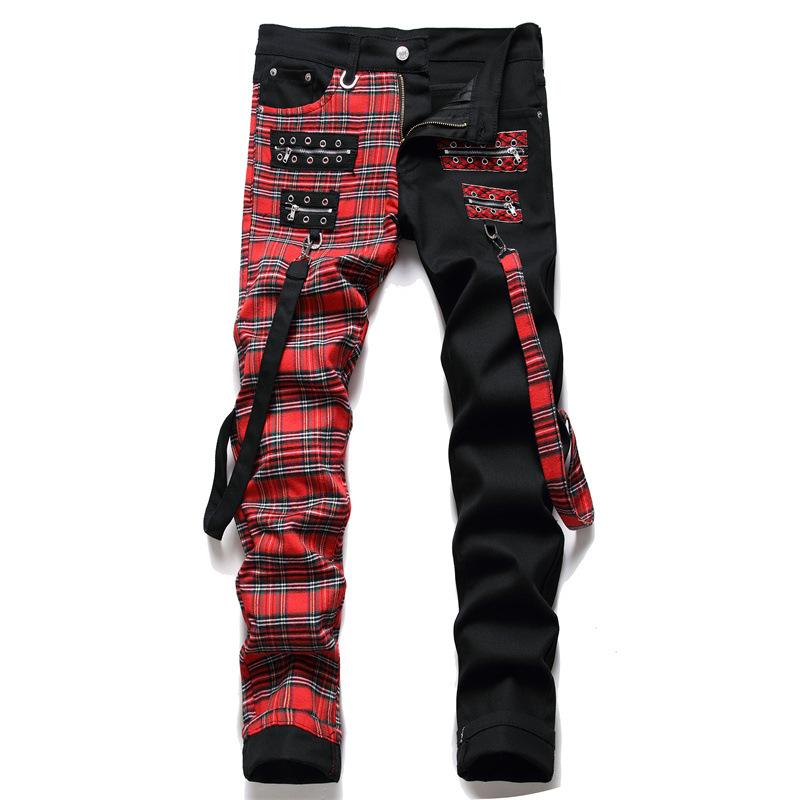 

New Fashion Red Plaid Patchwork Punk Zipper Men Pencil Jeans Trousers Y2K Buckle Hip Hop Gothic Slim Denim Pants Pantaloni Uomo 29