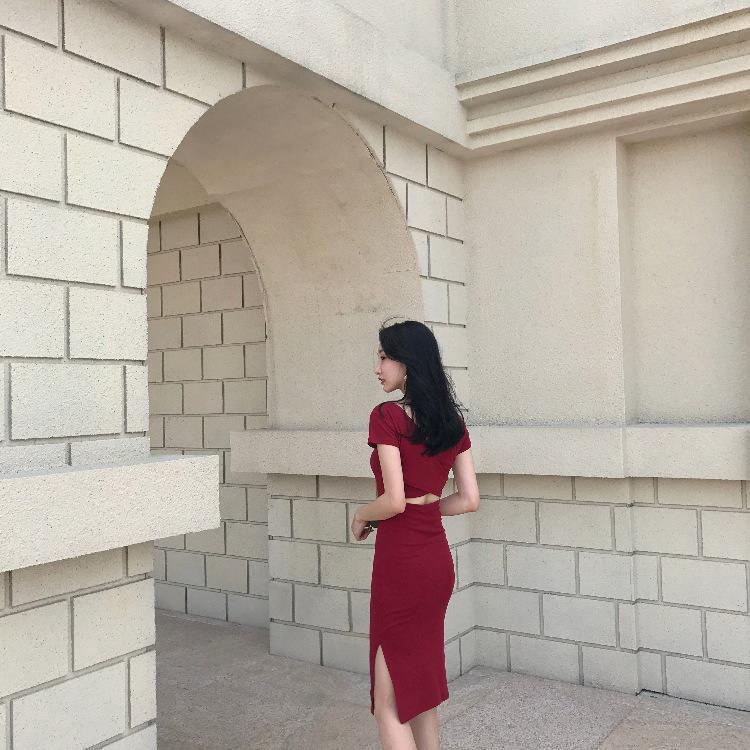 Korean Style Sexy Mid-Length Slit Backless Dress - Polyester Fiber