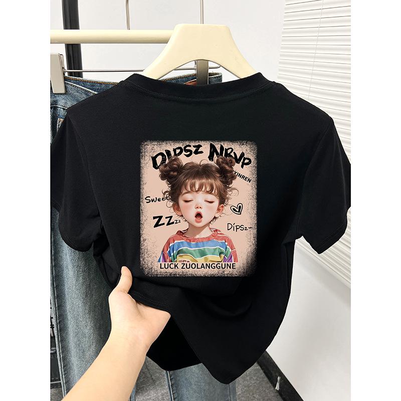 

Summer 2024 New Women s Slimming Short Sleeve T-shirt with Cartoon Girl Print M чорний