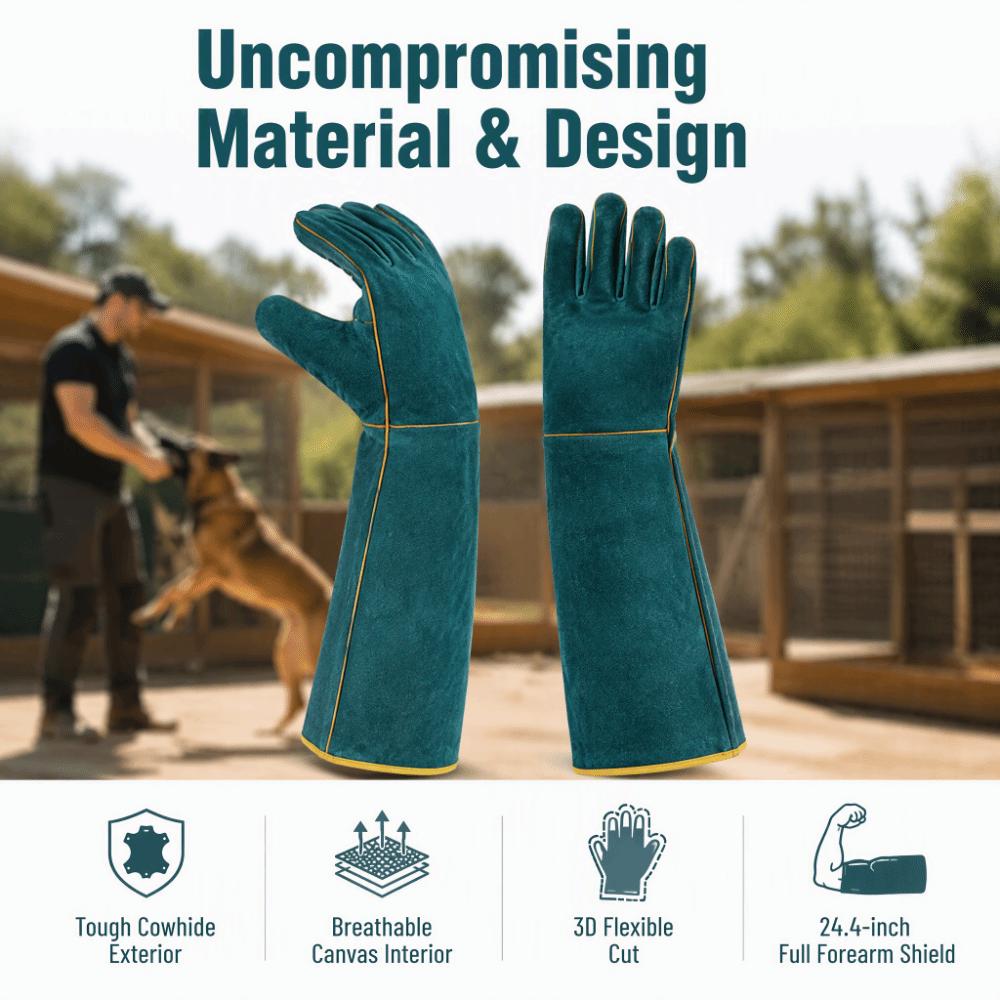 1 pair Double Layer Construction Animal Handling Gloves Inner Canvas Lining Outer Cowhide Leather Forearm Protection Gloves