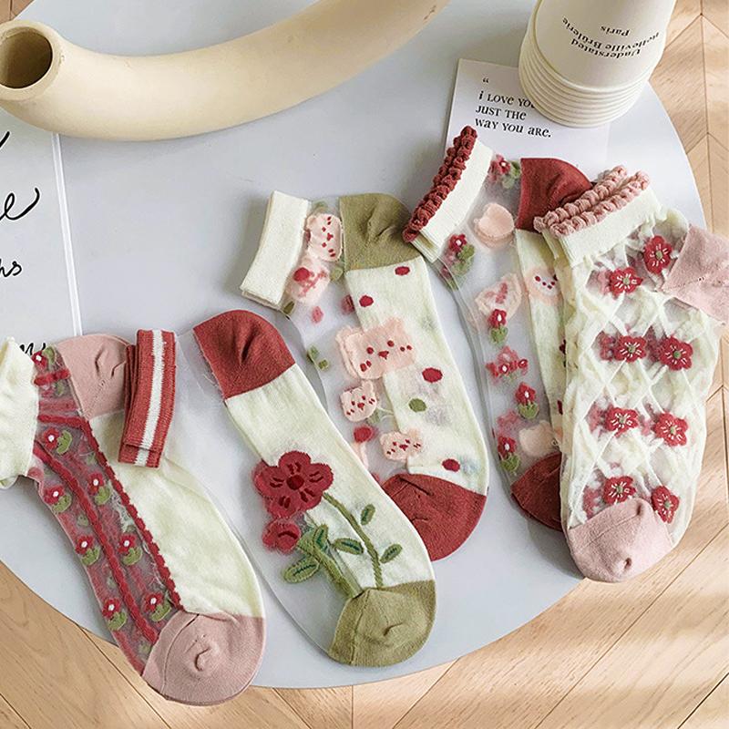 5 Pairs Women Socks Harajuku Summer Cartoon Lace Ankle Sock Casual Socks Transparent Elastic School Girl Short Socks