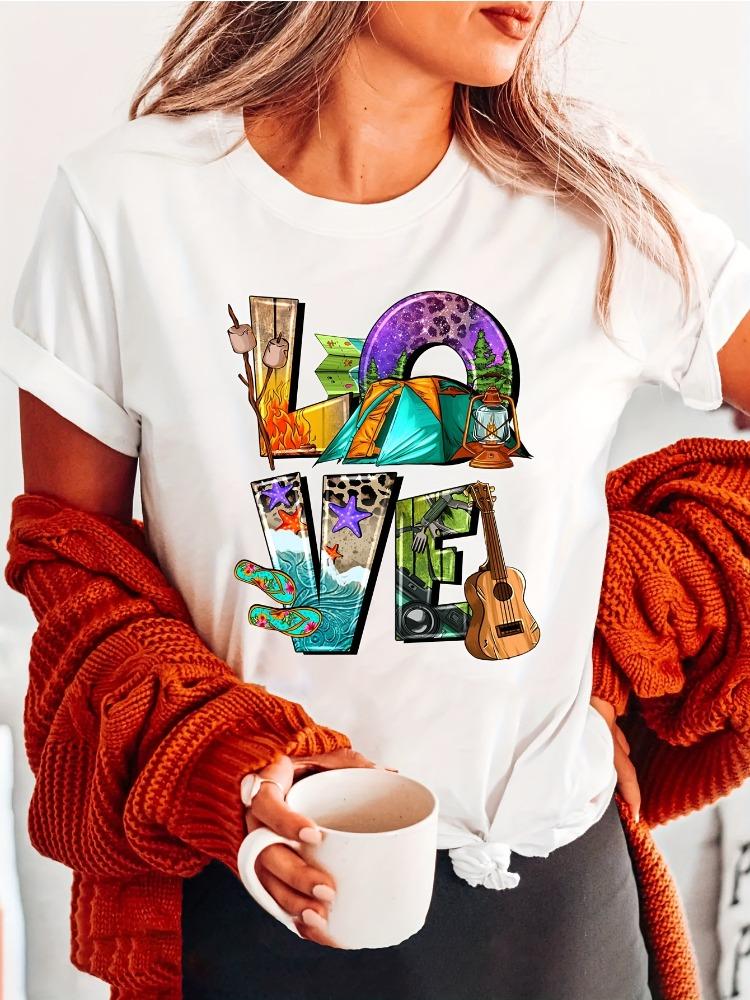 

Camping Obsession Fashion Letter Print TShirt Womens ShortSleeve Crew Neck Casual Top Suitable for Spring Summer and Fall 4XL