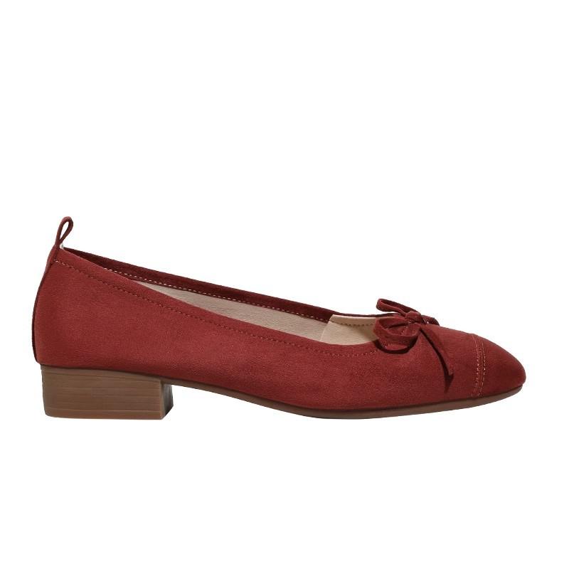 Leather version! Half-song red ballet single shoes women's bow retro flat-bottomed laden shoes square head shallow mouth grandma shoes