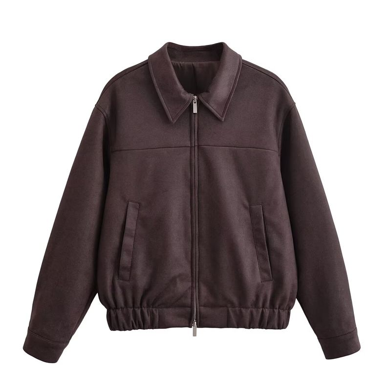 

Za Autumn New Women clothes 2025 Western Style Versitile Fashion Suede Fabric Bomber jacket Outerwear Brown L