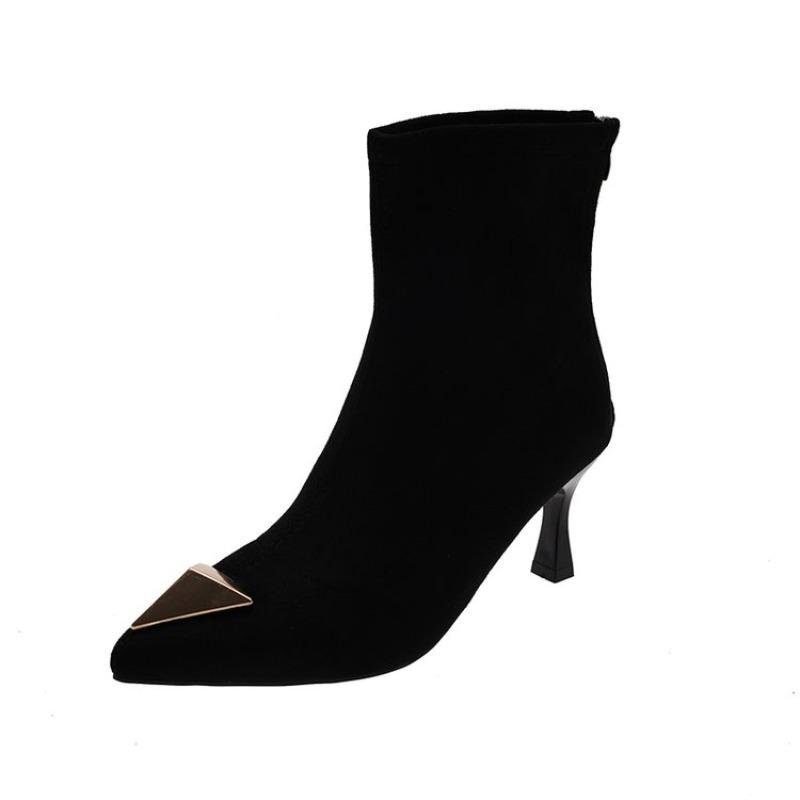 Vintage Stiletto Booties Fashion Pointed Toe Metal Trim Suede Rear Zip Anti-Slip Wear-Resistant Pumps