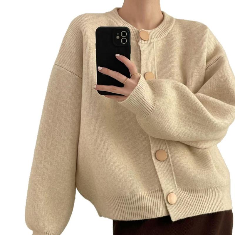 Design Sense Single Row Spring and Autumn Solid Color Knitted Sweater Jacket Cardigan Lazy Style New Loose Crew Neck Spring and Autumn Top