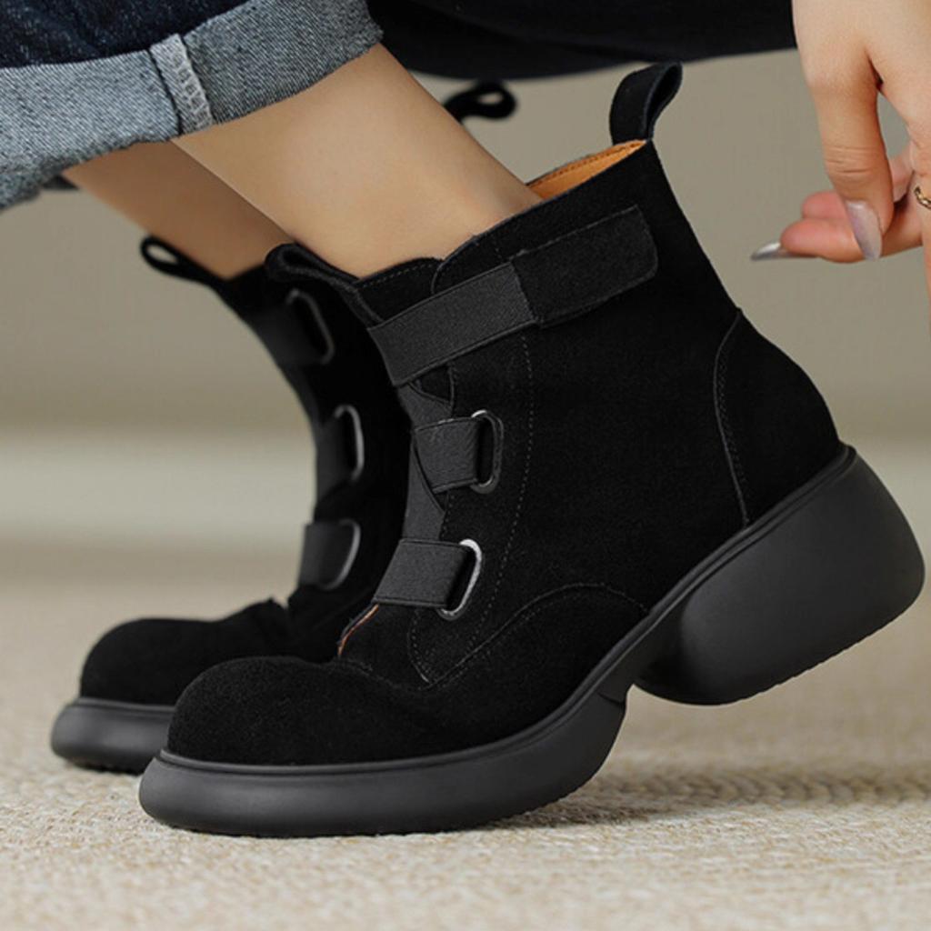 25 Autumn and winter British style color matching thick heel Martin boots women's Velcro round head medium tube single boots thick sole thin shor