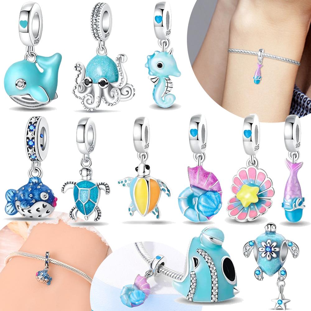 Blauer Delfin Seepferdchen Schildkröte Bunter Muschel Anhänger Authentische Kupferperle Kompatibel mit Armbändern Damen Valentinstag Feiner Geschenkschmuck