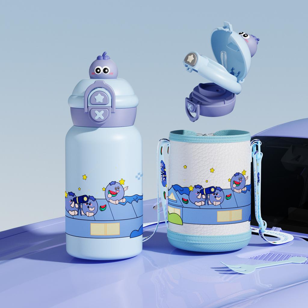 Double Drinking Children's Thermos with Straw 316 Stainless Steel Cartoon Portable Bouncing Lid Doll Student Kettle Water Cup
