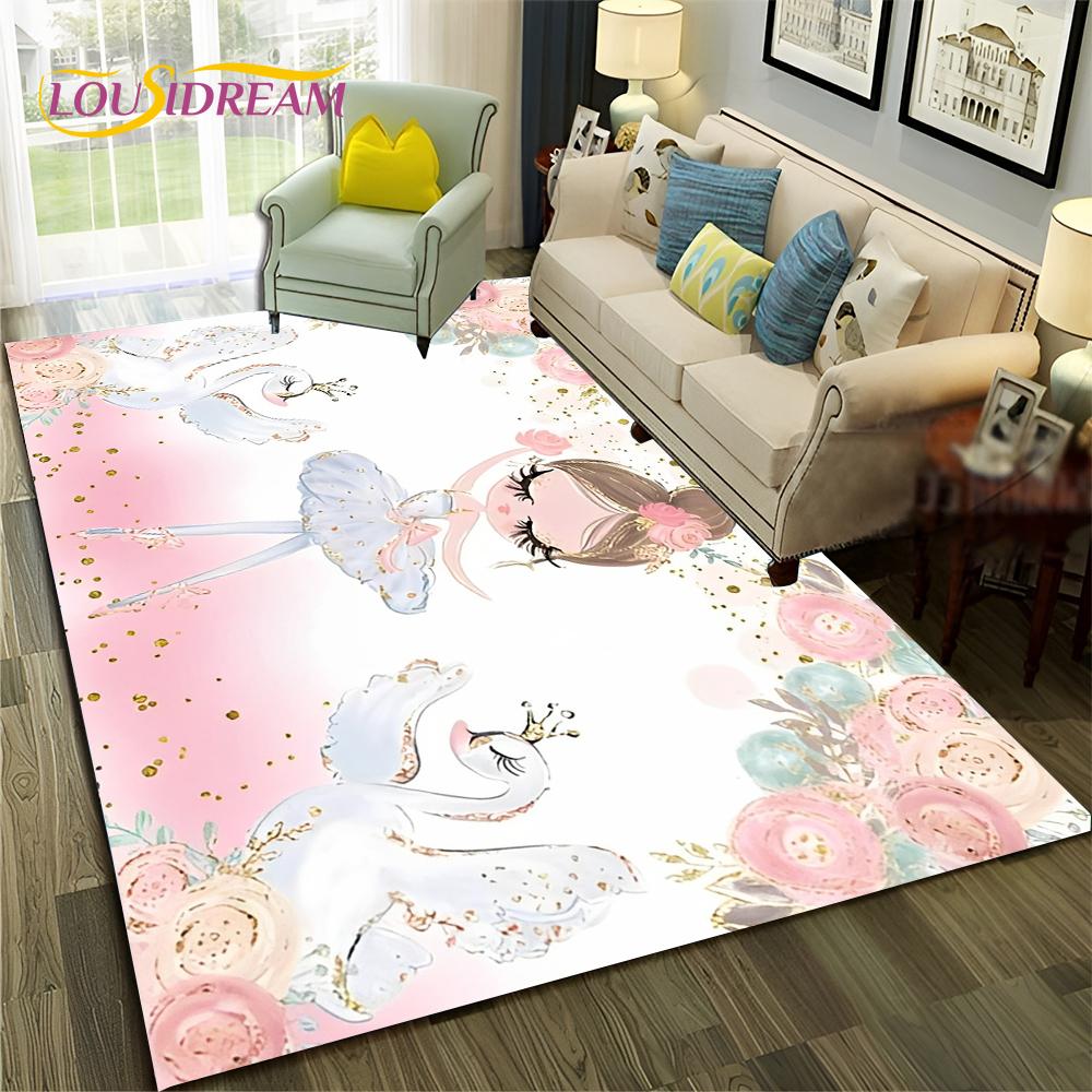 Cartoon Dream Ballet Girl Ballerina Swan Carpet Rug for Home Living Room Bedroom Sofa Doormat Decor,kids Area Rug Non-slip Mat