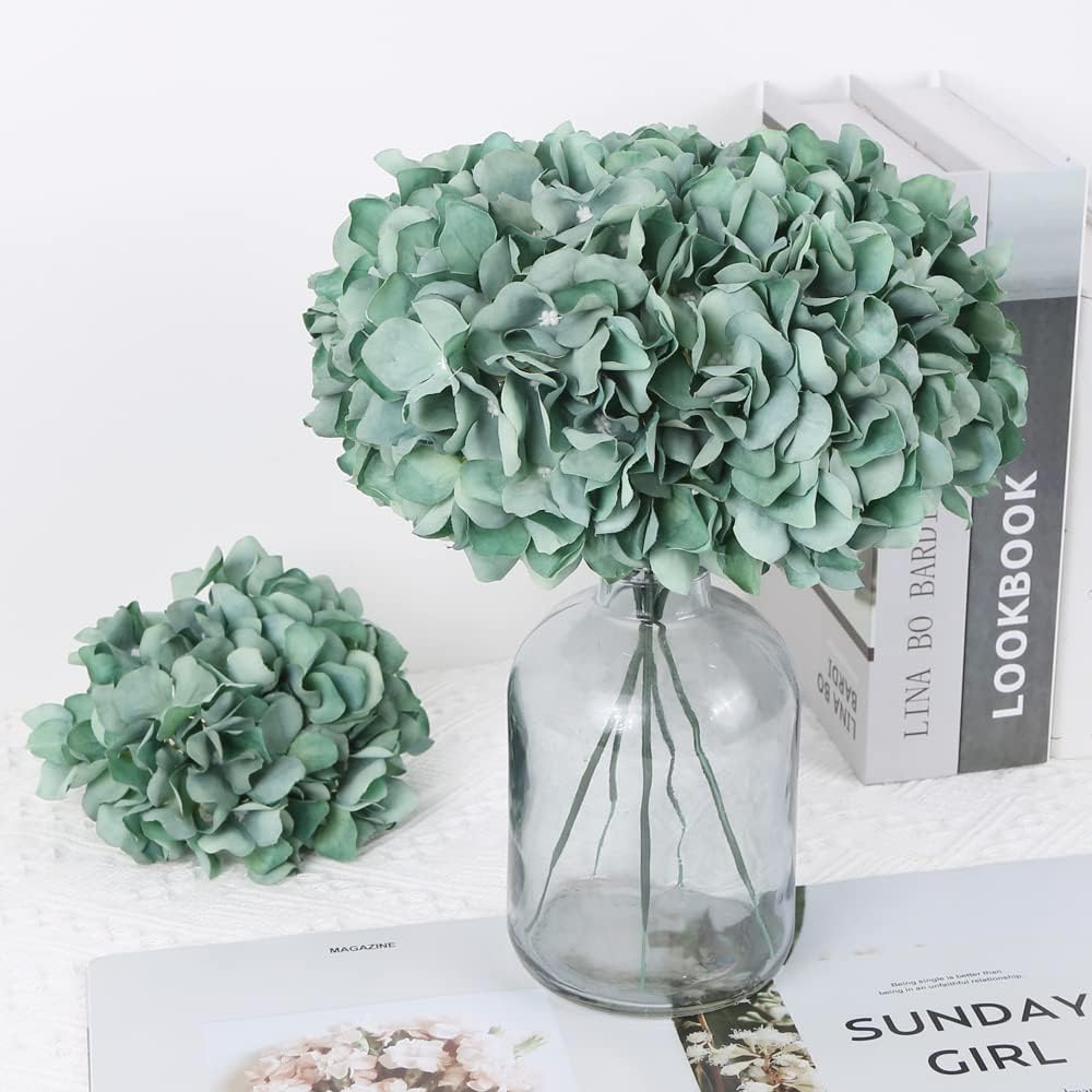 Hydrangea Artificial Flowers 10pcs Vintage Mint Green Hydrangea Silk Flowers Green Fake Flowers for Wedding Centerpiece Table Decorations Silk Flower
