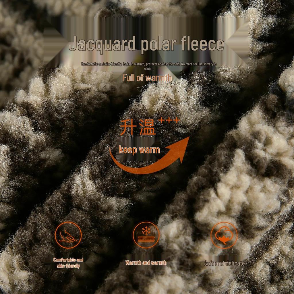 Men's Custom Ethnic Jacquard Fleece Jacket - Autumn Winter Stand Collar, Short Wide Silhouette, Warm Outerwear
