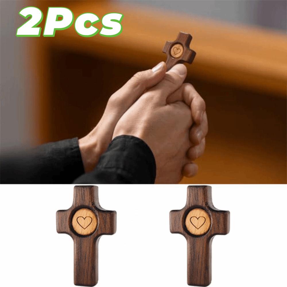 2 Piece Heart Pattern Easter Pocket Cross Black Walnut Cross Ornament Gift
