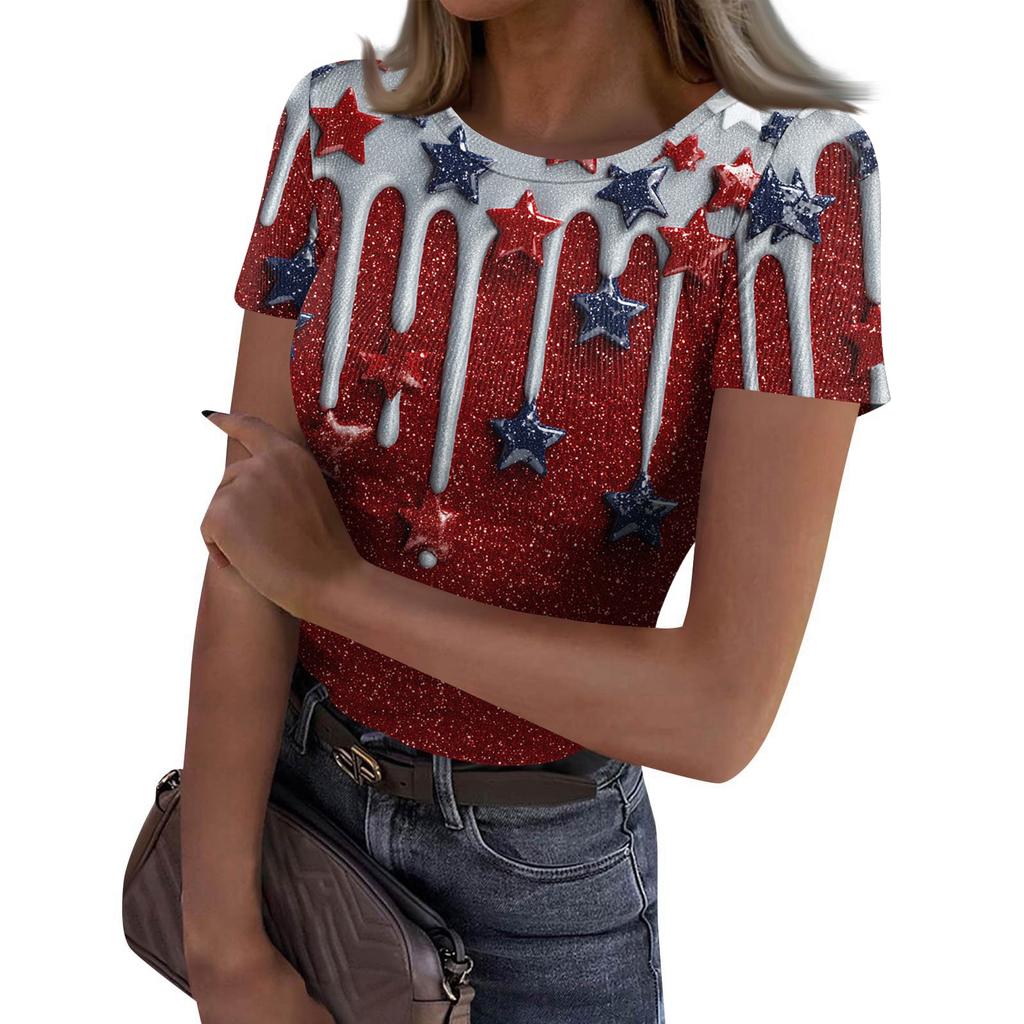 Women's Casual Fashion Round Neck Independence Day Print Short-Sleeve Ribbed Top