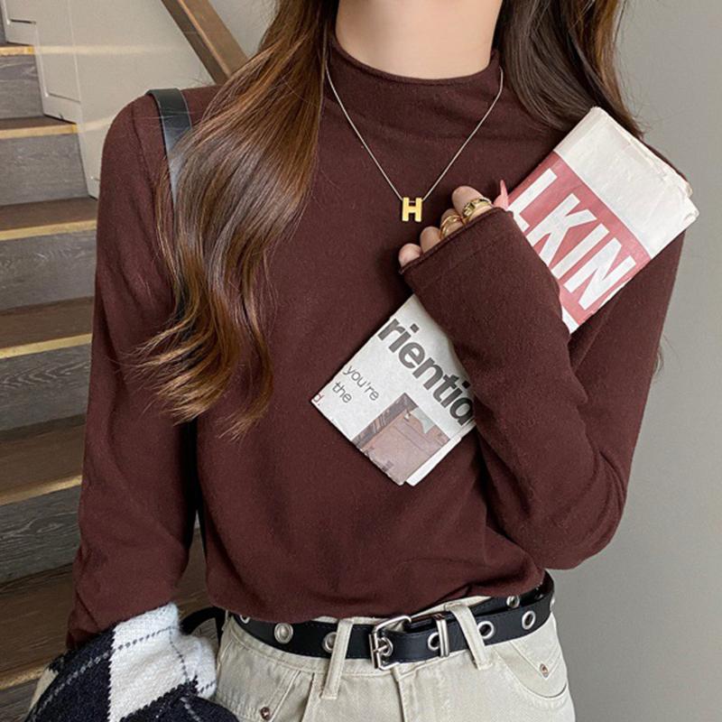 Ladies autumn winter Long Sleeve stand Collar slim fit Basic Solid Color Pullover T Shirt Top for Layering