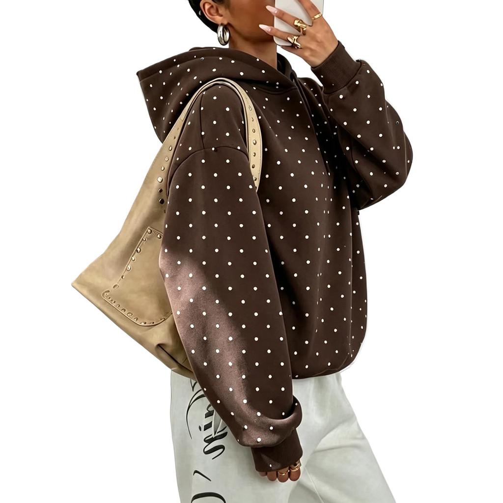 Felpa con cappuccio da donna a pois, vestibilità ampia, top casual a pullover