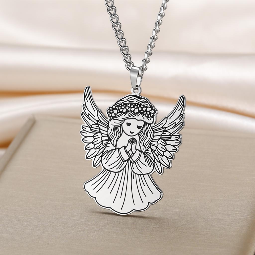 Gold Plated Praying Angel Necklace for Women Stainless Steel Guardian Angel Pendant Necklace Spiritual Religious Jewelry Gift