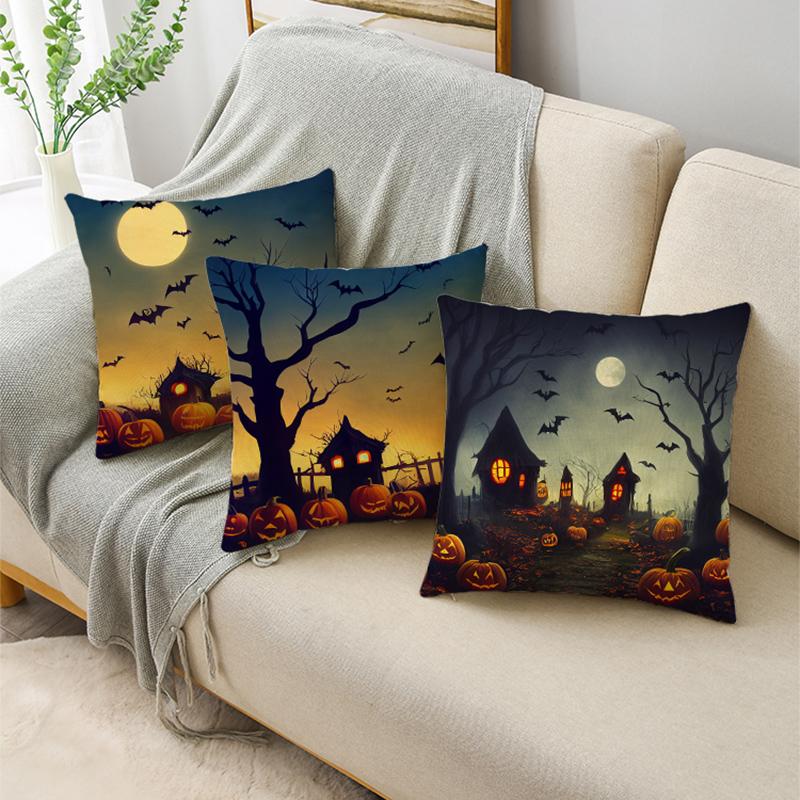 Fashion Halloween Scary Night Moon Pumpkin Lantern Linen Throw Pillowcase Decorative Cushion Cover For Sofa Living Room Party