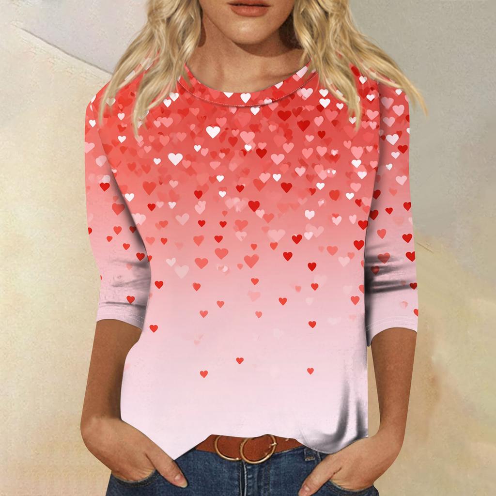 Damen Modisches Lässiges Dreiviertelarm Valentinstag-Druck Rundhals Pullover-Oberteil