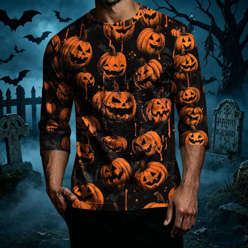 Men's Casual Halloween Print Crew Neck T Shirt Three Quarter Sleeve Top Comfortable Fit Seasonal Style
