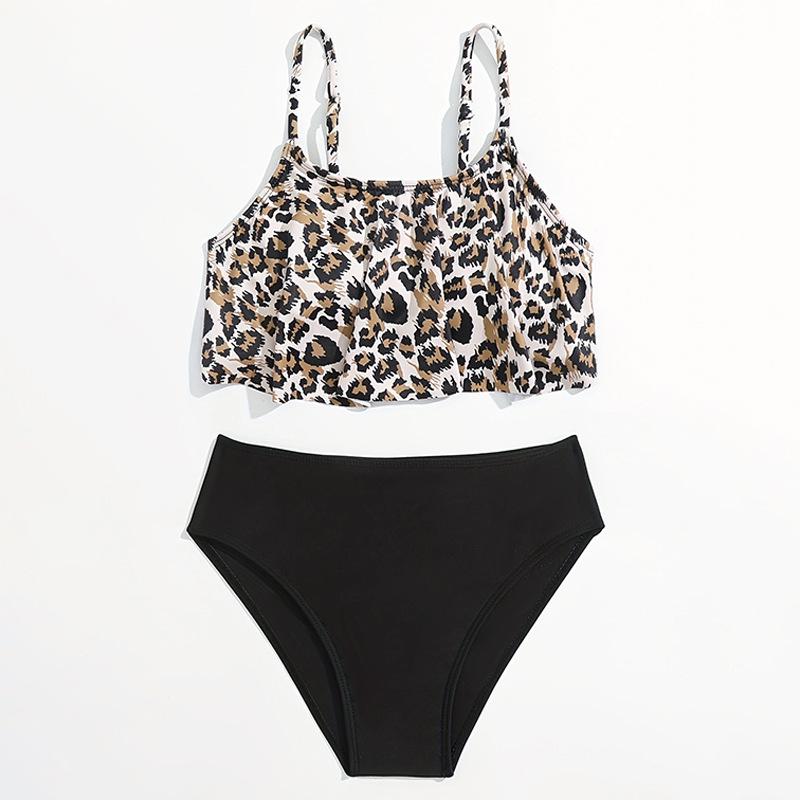 2024 Leopard Print Ruffle Children's High Waist Swimsuit Set