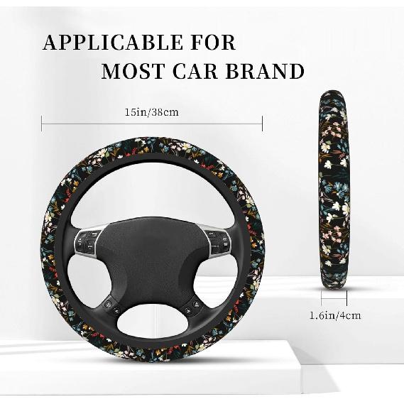 Chic Wildflowers Steering Wheel Cover For Men Women Universal Car Accessories 15 Inch Neoprene Auto Interior Decor