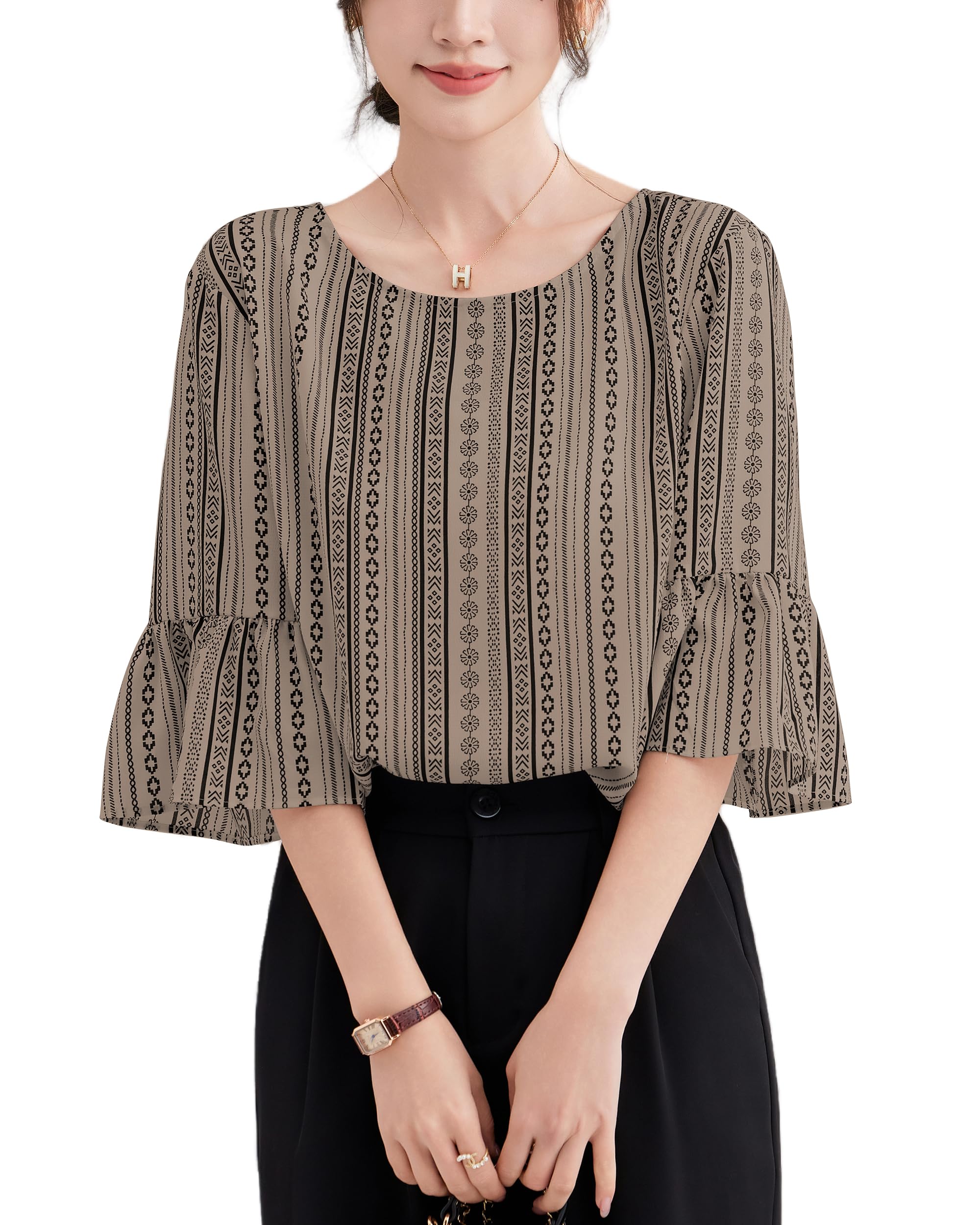 

Printed Flared Chiffon Round No Oversized Everyday Wear [SPRING SEAON] Women s Shirt, Blouse, Sleeve, Shirt, 5/8 Sleeve, Neck, Iron, Top, S-XL, кофейный