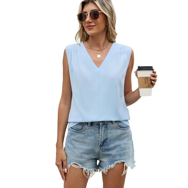 Summer Chiffon Shirt Women Loose V Neck Pleated Sleeveless Top Vest Solid Color Loose Blouse