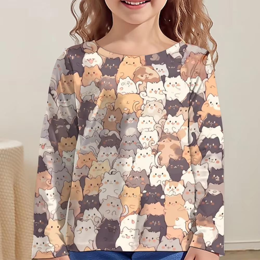 

Детская разноцветная футболка с 3D-цифровой печатью кошки, модная и повседневная, с круглым вырезом и длинными рукавами для девочек 160 бежевый