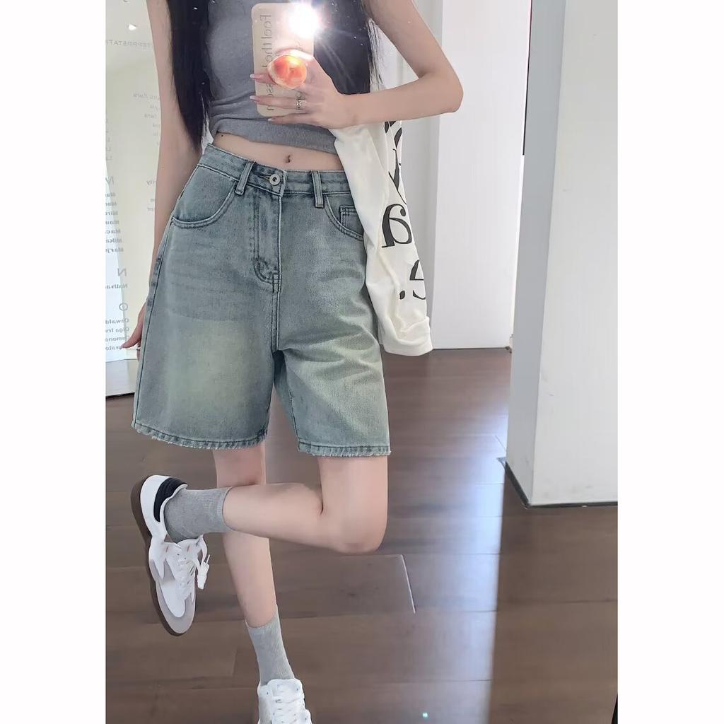 Denim Pants Pockets Vintage High Waist Shorts Women Wide Leg Streetwear Jeans Button Zipper