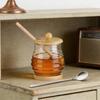 Cute Glass Honey Pot Honey Jar 280ml Honey Container with Dipper, Wooden Lid, and Wooden Stand, Includes Honey Sticks, Transparent, Perfect for Breakf