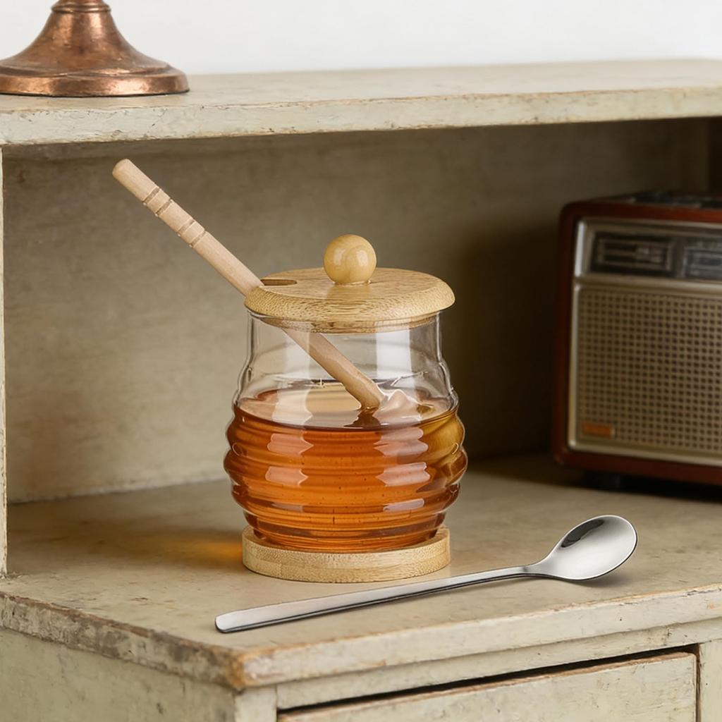 Cute Glass Honey Pot Honey Jar 280ml Honey Container with Dipper, Wooden Lid, and Wooden Stand, Includes Honey Sticks, Transparent, Perfect for Breakf