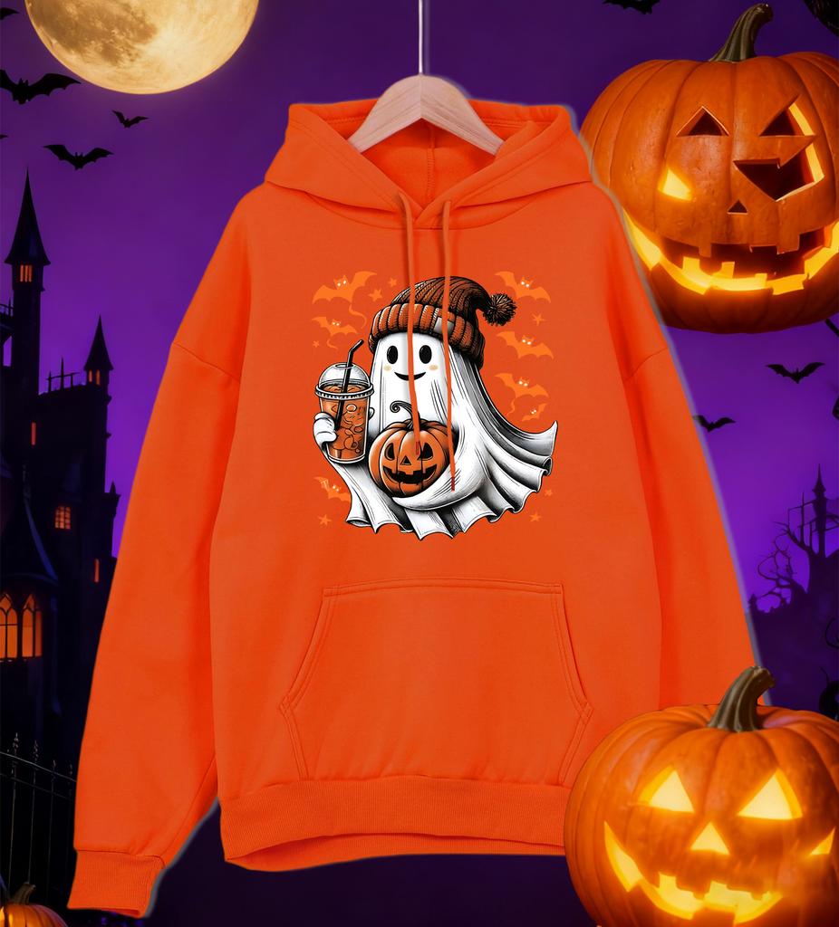 Happy Halloween Iced Drinks Ghost Design Men Hoody Autumn Hip Hop Pullover All-Match Oversized Hoodie Fleece Pocket Sportswear