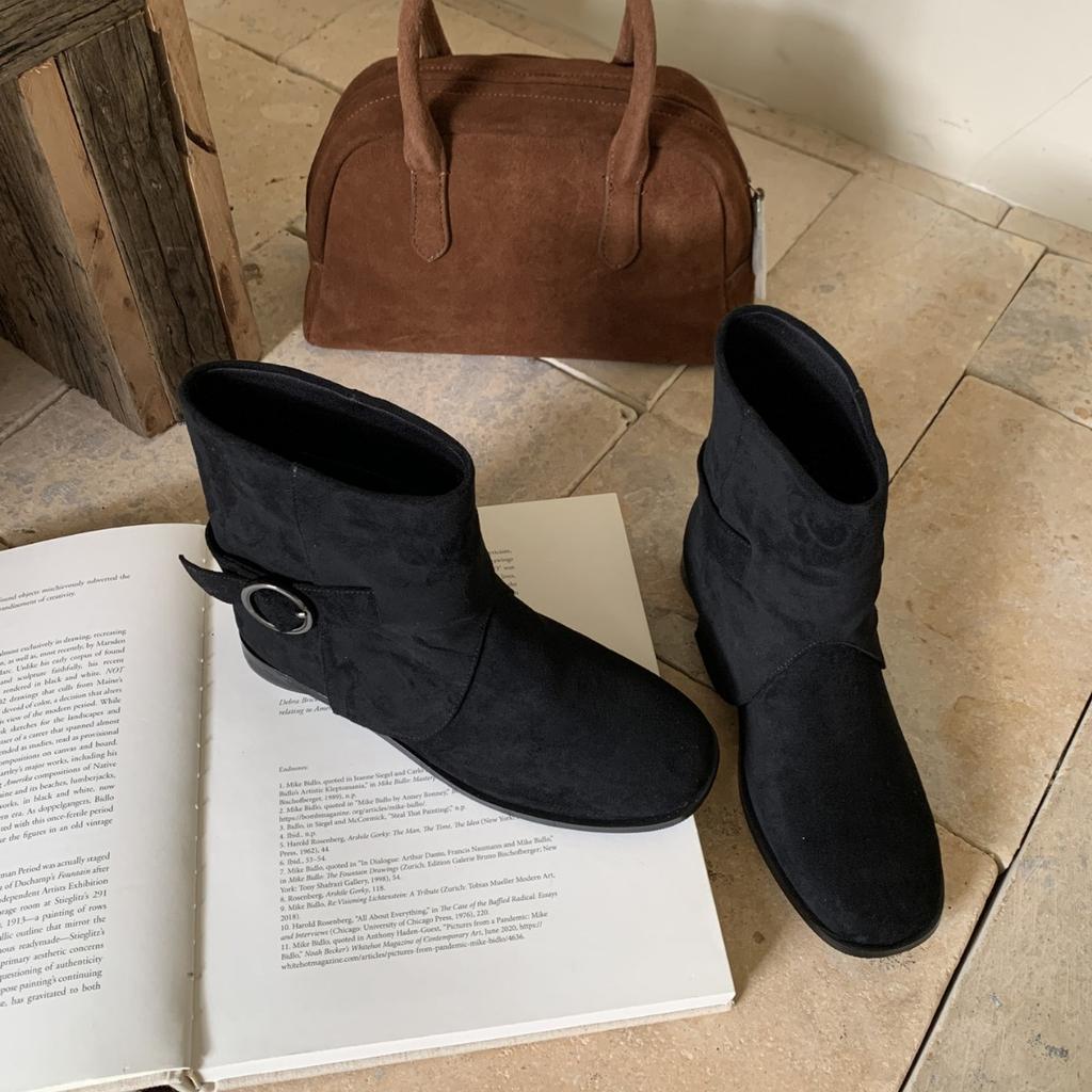 2025 autumn new round head suede thin low tube belt buckle short boots versatile thick heel foot cover western cowboy bare boots