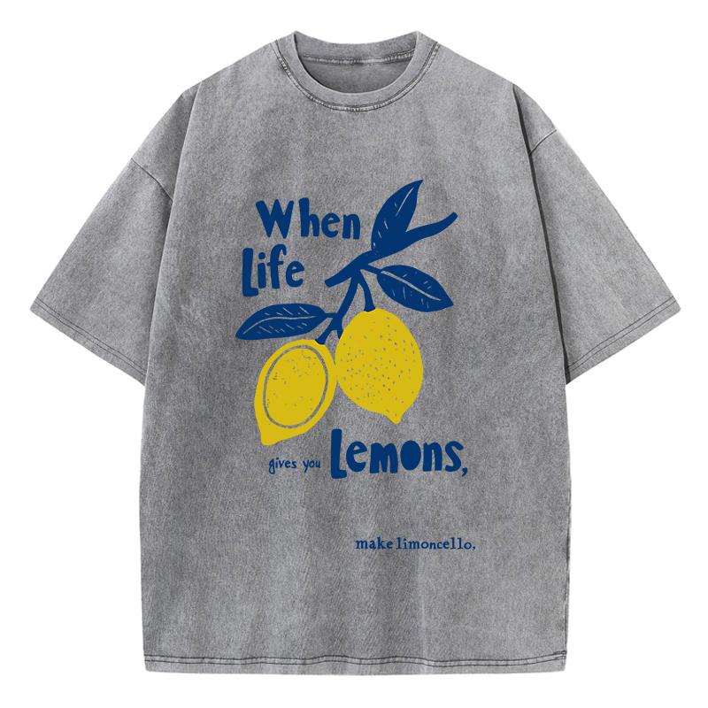 When Life Gives You Lemons Prints Washed T Shirts Women Cotton TShirt Distressed ONeck Comfortable Tops Summer Woman Clothes
