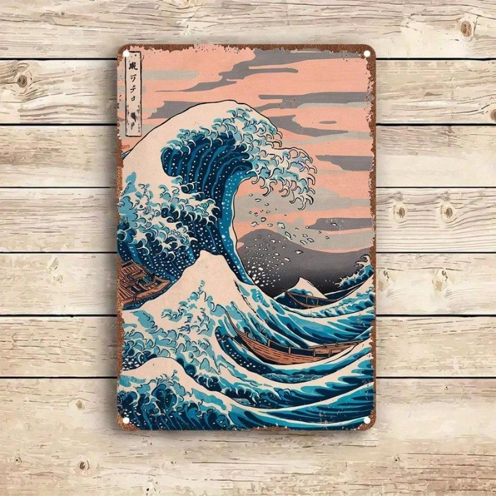 Vintage Metal Tin Sign Japanese Wave Wall Art Retro Home Decor for Cafe Bar Bedroom