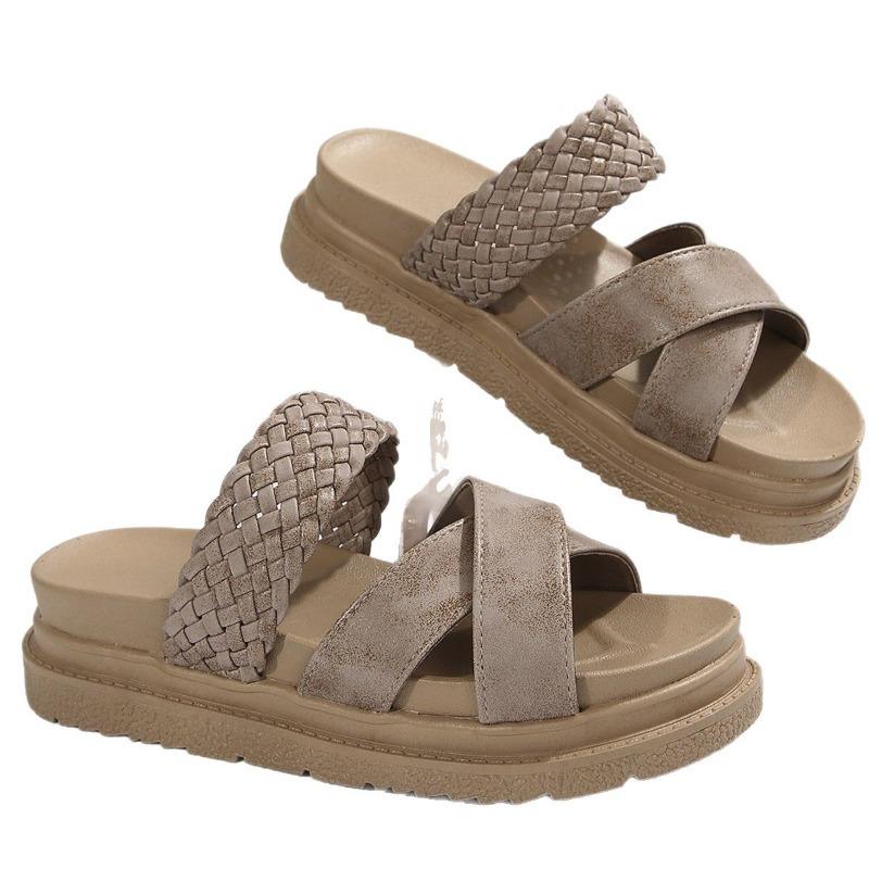 Women’s Wide-Fit Flat Platform Slide Sandals with Cross Woven Strap Casual Comfortable Design