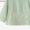 ZANZEA Women Casual Round Neck Loose Embroidery 3/4 Sleeve Blouse