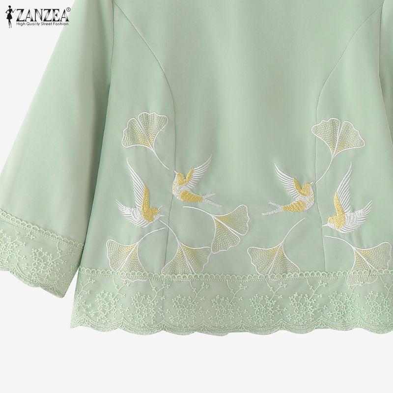 ZANZEA Women Casual Round Neck Loose Embroidery 3/4 Sleeve Blouse
