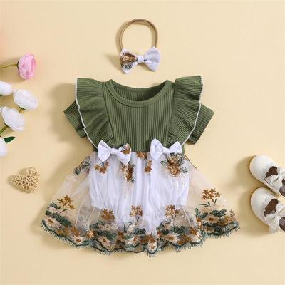 Bebê infantil meninas macacão vestido flor bordado malha costela babados tripulação pescoço macacões verão bodysuits com arco bandana