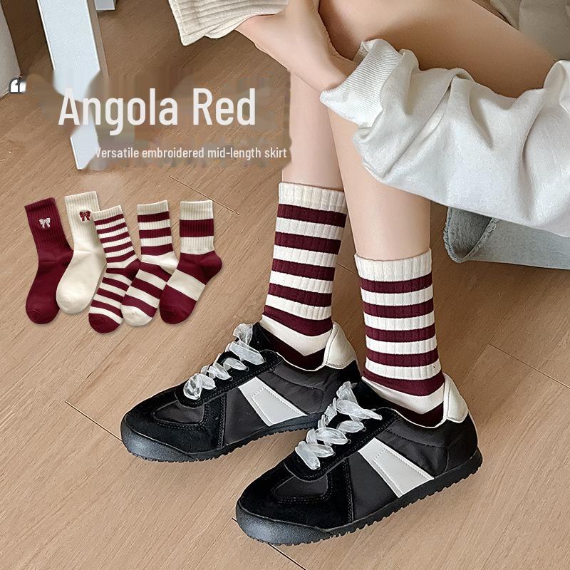 "Chaussettes Angora Rouge Vin Automne/Hiver 2024 avec Broderie Nœud - Maille Moyenne à Longue"