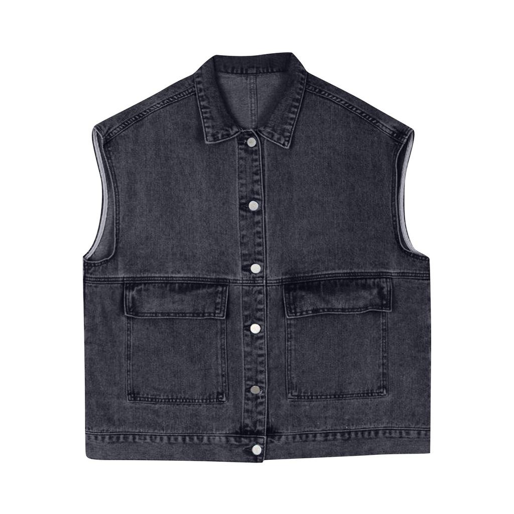 Damenmode-Taschen-Jeansjacke, lässig, ärmellos, Mantel, Weste