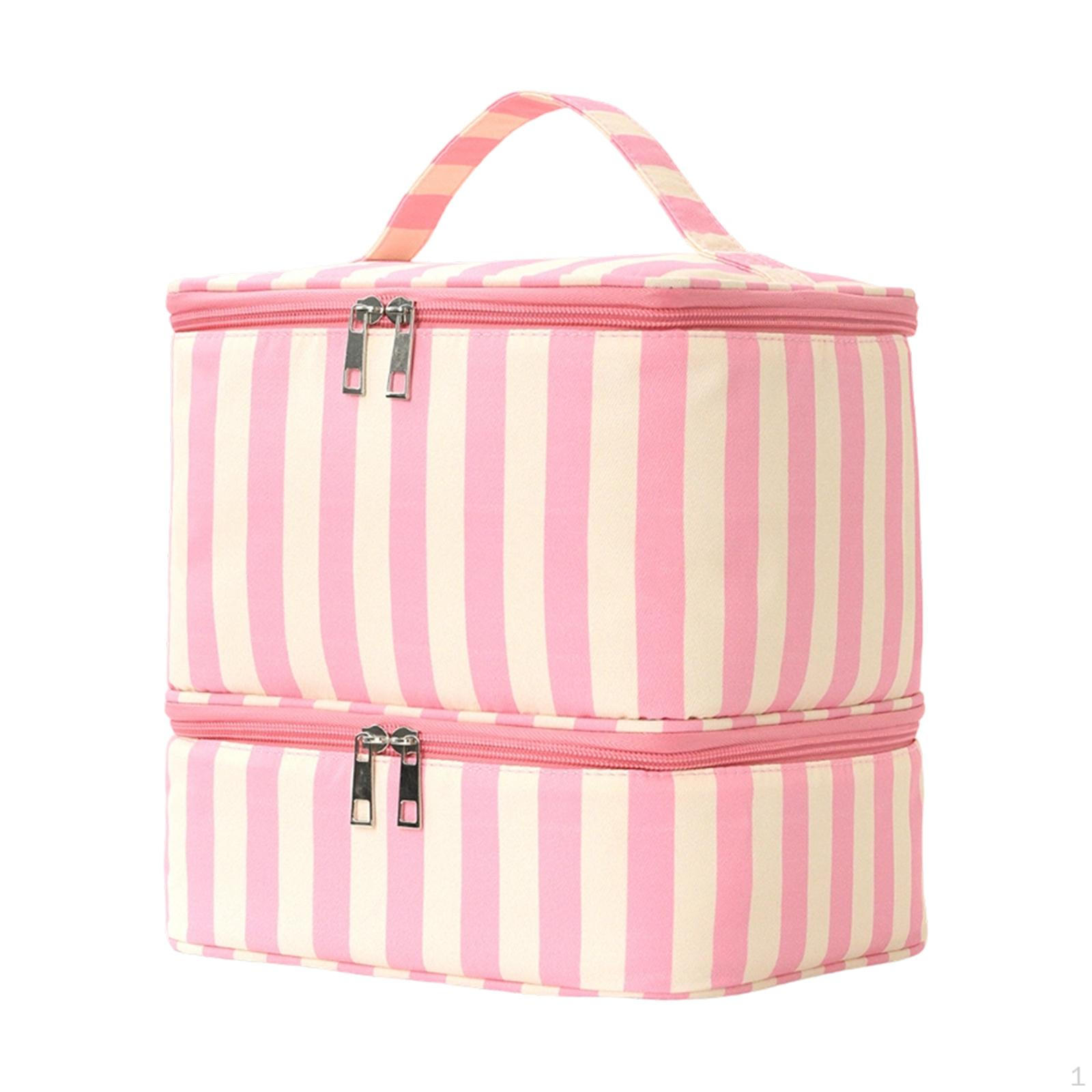 

Nail Polish Carrying Case Double Layer Bag Makeup Organizer Manicure Tools Holder Cosmetic Gel Pink Beige Stripes