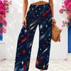 Women Plus Size Loose Wide Leg Full Length White Star Striped Printed Pants