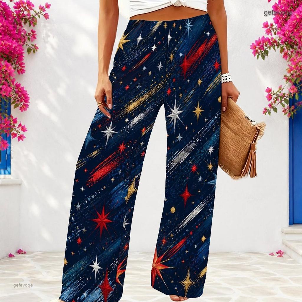 Women Plus Size Loose Wide Leg Full Length White Star Striped Printed Pants
