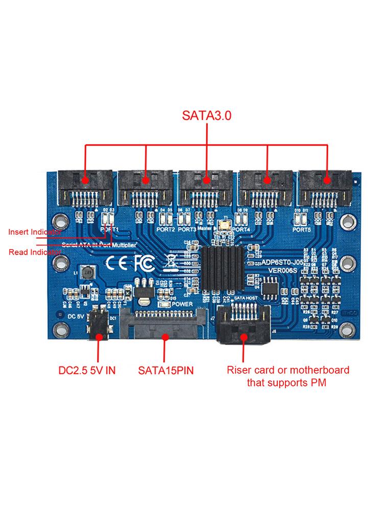 1 to 5 Port SATA Adapter Multiplier Card SATA3.0 6Gbps PC SATA Expansion Riser