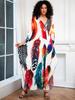 EDOLYNSA Plus Size Kaftan Bohemian Multicolored Leaves Printed Summer Long Beach Dress Women Homewear Outfit Swim Suit Cover Up Loose Caftan