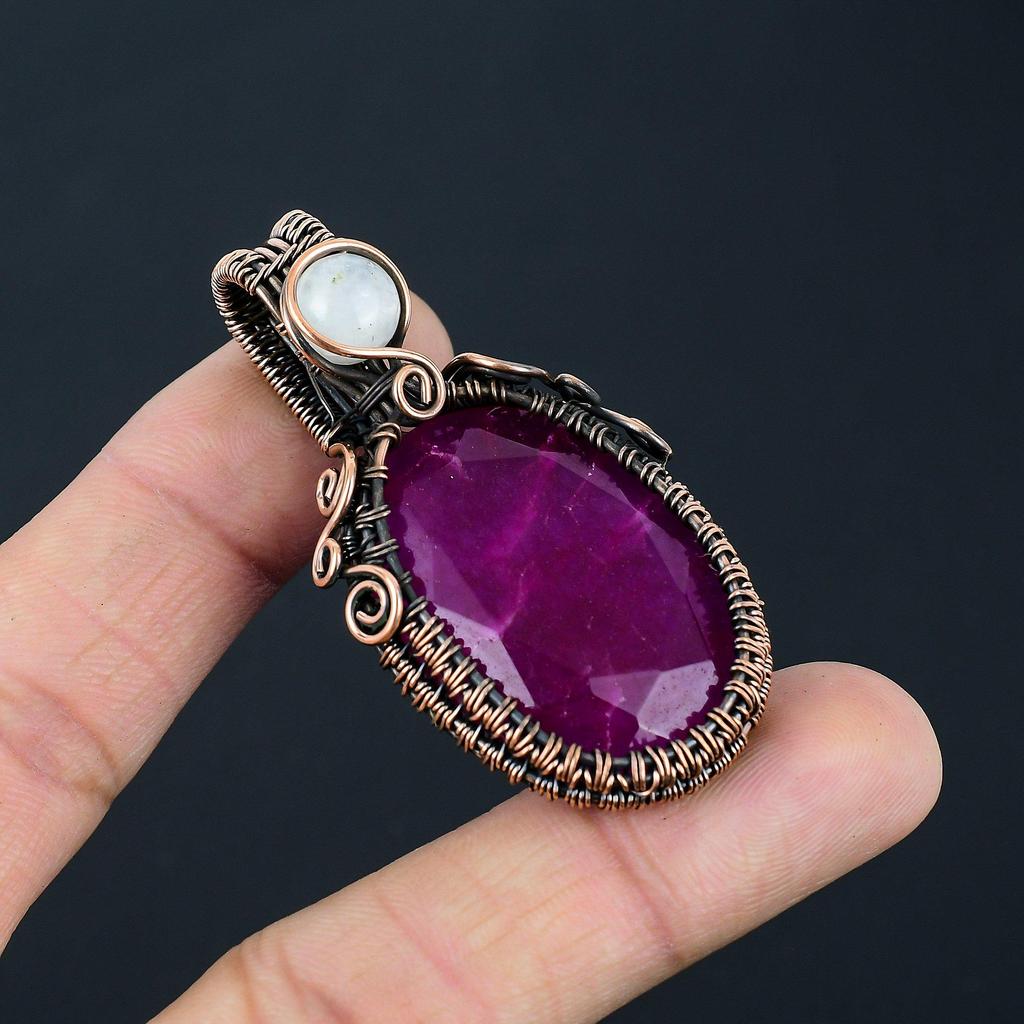 Ruby Lab-Created & Moonstone Gemstone Handmade Copper Wire Wrap Jewelry Pendant For Women