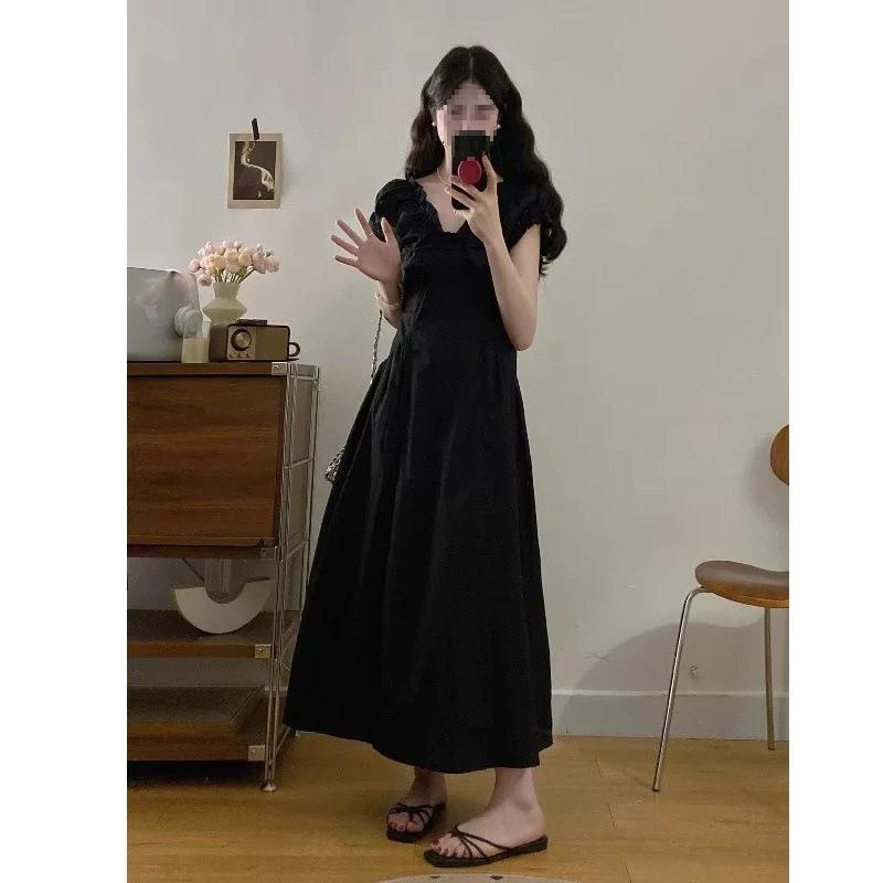 French Hepburn Style Bubble Sleeves V-neck Summer Dress High-end Temperament Women's Waist A-word Long Dress Wholesale