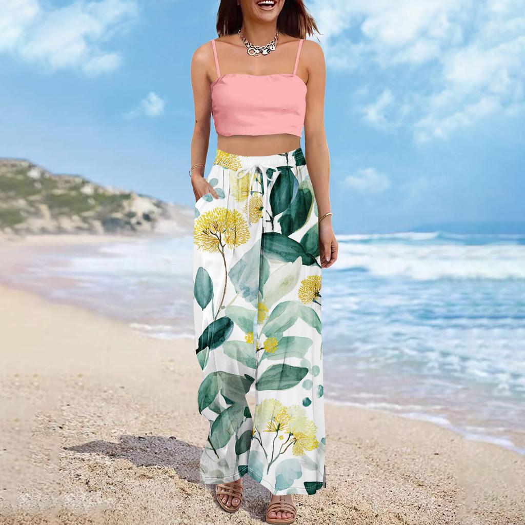 Dámské letní kalhoty Boho Palazzo s vysokým pasem a širokými nohavicemi s květinovým potiskem ležérní kalhoty s kapsami